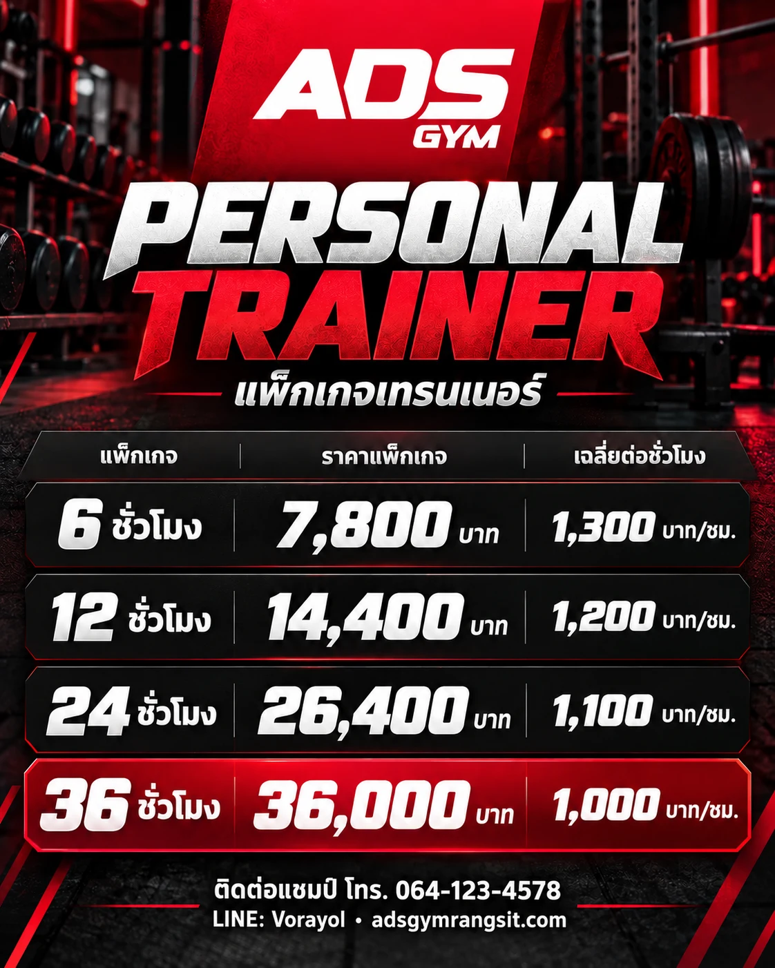 แพ็กเกจเทรนเนอร์ ADS GYM 6 ชั่วโมง 7,800 บาท, 12 ชั่วโมง 14,400 บาท, 24 ชั่วโมง 26,400 บาท, 36 ชั่วโมง 36,000 บาท ติดต่อแชมป์ 064-123-4578 LINE Vorayol